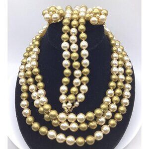 1950s 3-Strand Hand Knotted Faux Pearl Necklace, Bracelet & Earrings Set-Estate